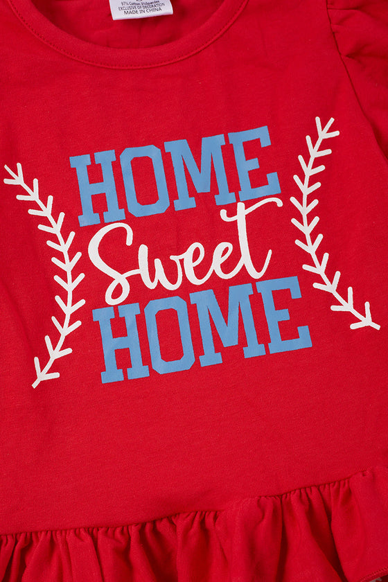 Home sweet home" bubble sleeve baseball top & ruffle shorts. OFG55133004 LOI