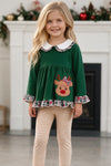 Reindeer applique girls green tunic and stripe pants. OFG63134 AMY