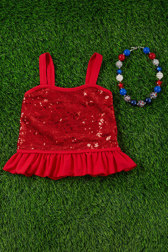 RED SEQUINS TANK TOP W/RUFFLE TRIM. TPG30113001-JEA