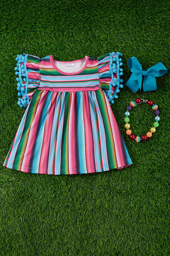 SERAPE PRINTED GIRLS TUNIC W/ TURQUOISE POM POMS. TPG25113011-JEANN