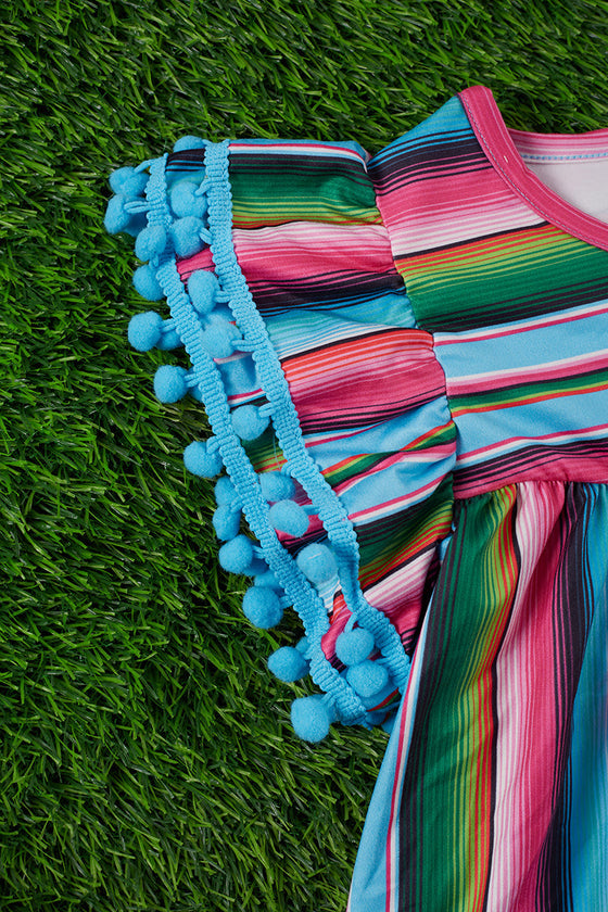 SERAPE PRINTED GIRLS TUNIC W/ TURQUOISE POM POMS. TPG25113011-JEANN