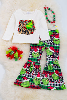  Don't be a Grinch" white long sleeve top & multi-printed plaid bottoms. OFG90113007 SOL