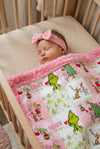 32 inch X 32 inch- Pink Christmas printed baby blanket.