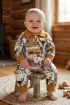 Golden brown western printed romper with patches. LR0425-8-AMY