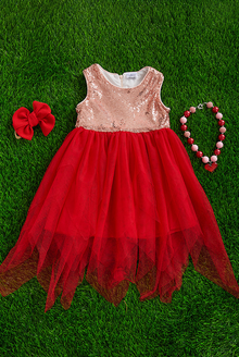  BLUSH SEQUINS WITH RED TULLE SKIRT DRESS. DRG051323014-JEAN