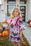 Bat multi printed girls ruffle hem dress. GLD062102-MON