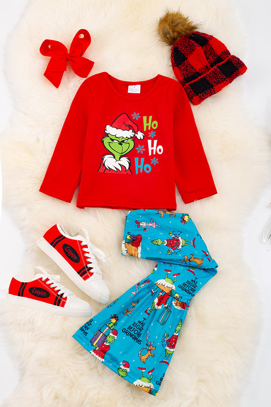 Ho Ho Ho" red graphic long sleeve top & turquoise printed bottoms.