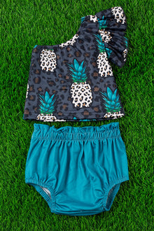  PINEAPPLE PRINTED COLD SHOULDER TOP W/RUFFLE BABY BLOOMERS. OFG25143002-JEANN