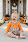 Floral ghost applique on orange baby romper. RPG62706 SOL