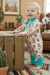 Western duck printed romper with mint fold over footie. RPB60577 SOL