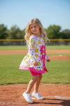 Pink coquette bow and softball printed yoga dress with attached under shorts. GLD0508-2-SOL