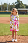 Pink coquette bow and softball printed yoga dress with attached under shorts. GLD0508-2-SOL