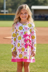 Pink coquette bow and softball printed yoga dress with attached under shorts. GLD0508-2-SOL