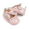 Cute heart pink front satin bow baby shoes. CG5369
