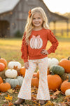 Pumpkin printed applique  on orange sweatshirt with ruffle hem & floral pants. OFG61732 AMY