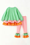 Green polka dot pumpkin applique tunic and bottoms. OFG62630 MO