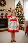 Embroidered Christmas tree printed dress red ruffle hem. DRG65204 SOL