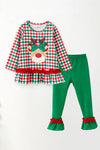 Plaid & Reindeer applique tunic with ruffle hem and green pants.  OFG63333 SOL