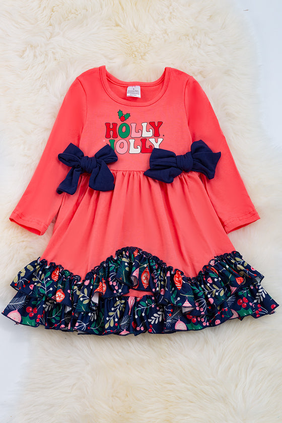 Holly Jolly" 2 side bows and double layer ruffle hem. DRG50213013 SOL