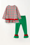 Plaid & Reindeer applique tunic with ruffle hem and green pants.  OFG63333 SOL