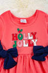 Holly Jolly" 2 side bows and double layer ruffle hem. DRG50213013 SOL