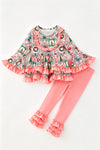 Christmas printed pink tunic and ruffle hem and cotton pants. OFG63348 SOL