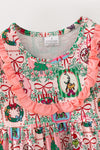 Christmas printed pink tunic and ruffle hem and cotton pants. OFG63348 SOL