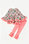 Christmas printed pink tunic and ruffle hem and cotton pants. OFG63348 SOL