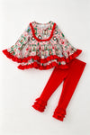 Christmas printed pink tunic with red ruffle hem and red leggings. OFG63278 AMY