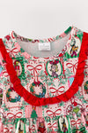 Christmas printed pink tunic with red ruffle hem and red leggings. OFG63278 AMY