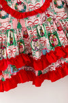 Christmas printed pink tunic with red ruffle hem and red leggings. OFG63278 AMY