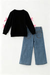 Merry Christmas black long sleeve top and denim pants. OFG63034 AMY