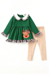 Reindeer applique girls green tunic and stripe pants. OFG63134 AMY