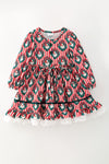 Red & white stripe, Santa printed dress with white lace hem. DRG65525 MON
