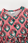 Red & white stripe, Santa printed dress with white lace hem. DRG65525 MON