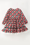 Red & white stripe, Santa printed dress with white lace hem. DRG65525 MON