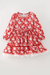 Santa & Red bow printed dress with white lace hem. DRG65522 MON