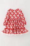 Santa & Red bow printed dress with white lace hem. DRG65522 MON