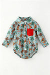 Christmas western printed boys baby bodysuit with red front pocket. RPB61012 SOL