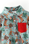 Christmas western printed boys baby bodysuit with red front pocket. RPB61012 SOL