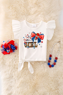  "Cute American Girl" White side knot top with angel sleeves. TPG50071 SOL