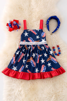  Navy blue Western boot patriotic girls twirl dress w/red trim. DRG50401 Jean