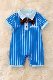  Bow tie White stripe on blue baby romper with printed bunny. RPB50112 Jean