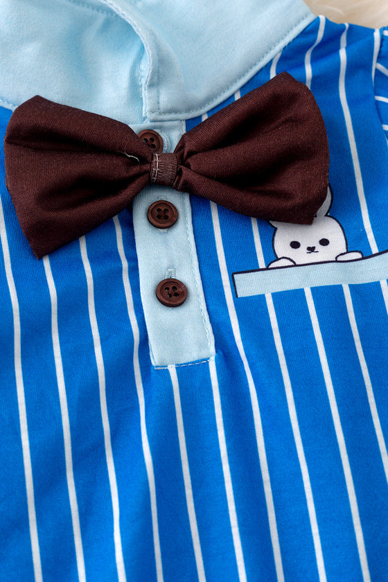 Bow tie White stripe on blue baby romper with printed bunny. RPB50112 Jean