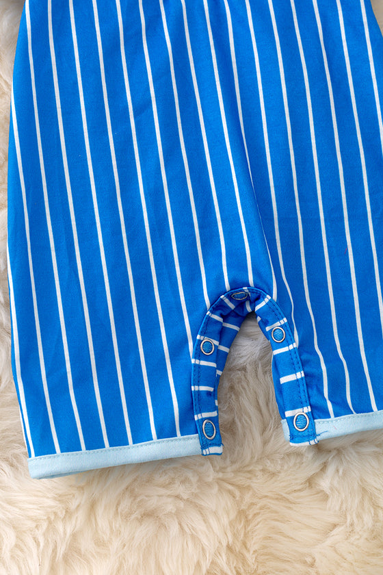 Bow tie White stripe on blue baby romper with printed bunny. RPB50112 Jean