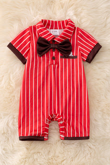  Bow tie White stripe on red baby romper with printed bunny. RPB50113 AMY