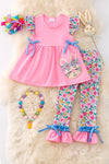 Easter Bunny applique on pink tunic & colorful floral printed pants. OFG50278 NAY