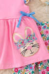 Easter Bunny applique on pink tunic & colorful floral printed pants. OFG50278 JEANN