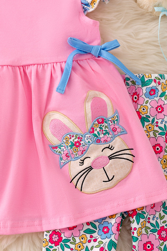 Easter Bunny applique on pink tunic & colorful floral printed pants. OFG50278 JEANN