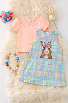  Easter bunny applique dress with peach bubble sleeve top. OFG50174 SOL